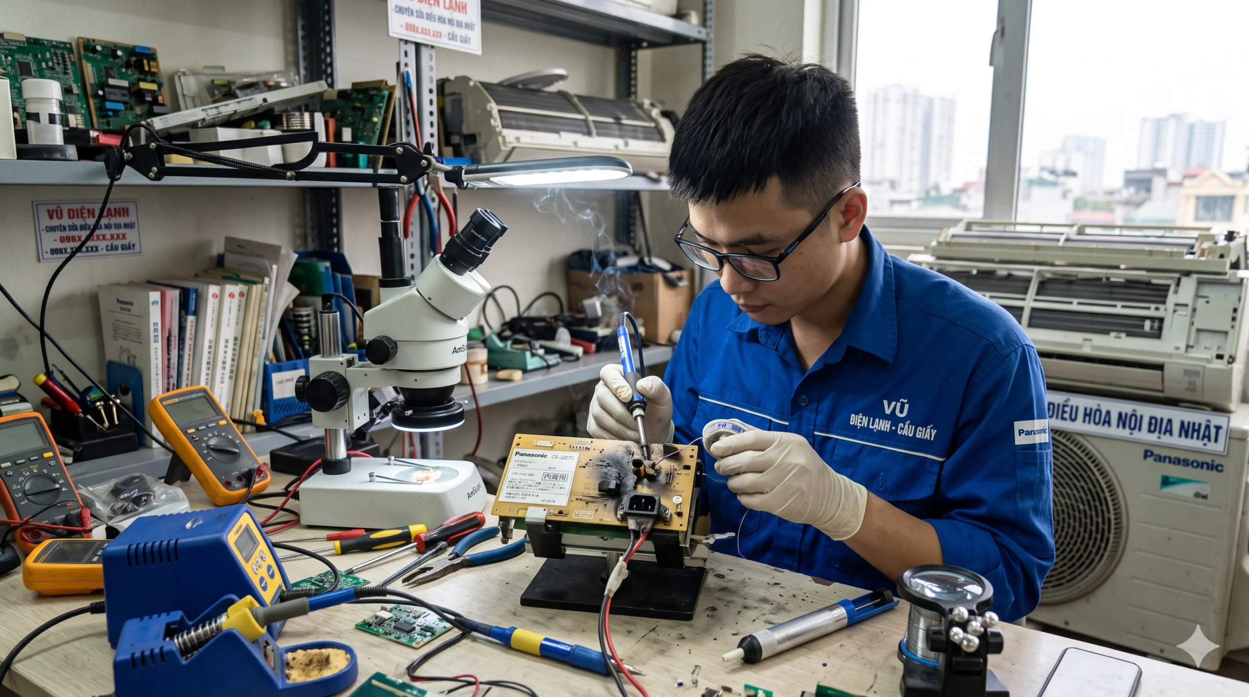Kỹ thuật viên đang hàn và phục hồi bo mạch điều hòa Panasonic nội địa Nhật bị nổ bảo vệ do cắm nhầm điện lưới 220V tại Cầu Giấy