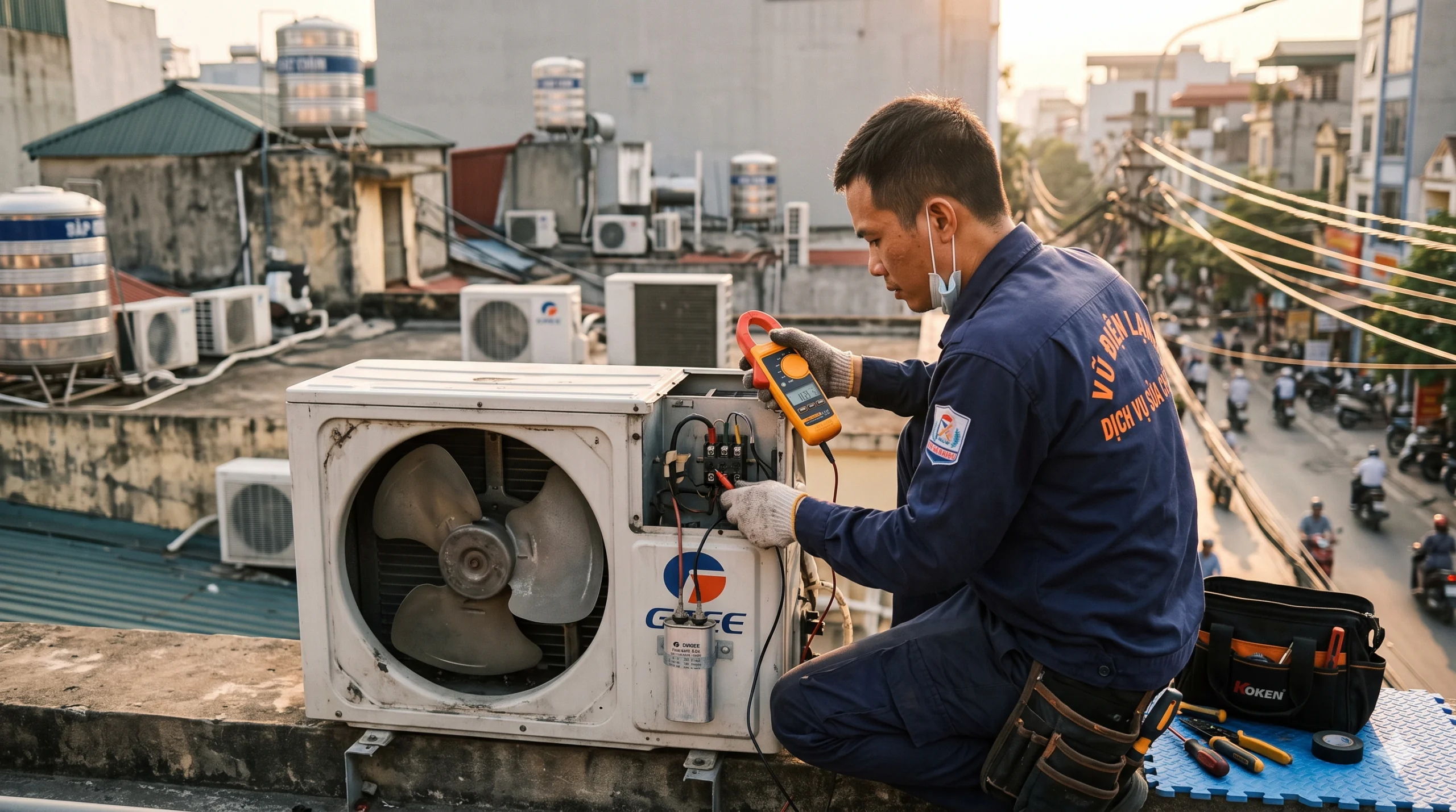 Thợ kỹ thuật Vũ Điện Lạnh đang dùng ampe kìm đo dòng điện và kiểm tra tụ đề để xử lý lỗi dàn nóng điều hòa không chạy tại khu vực Cầu Giấy
