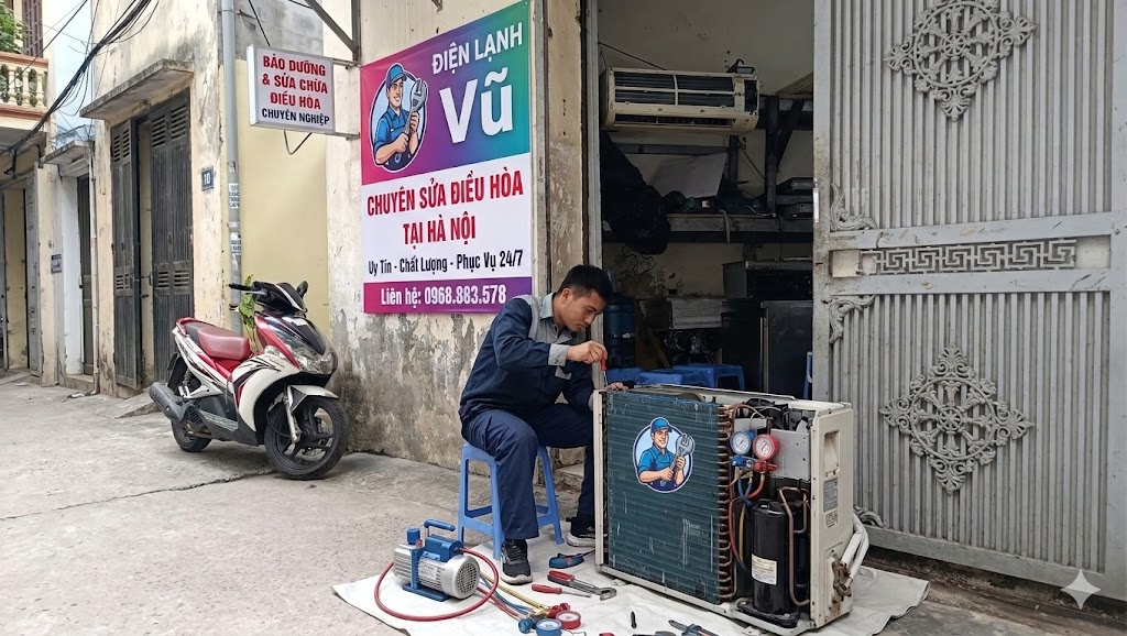thợ đang sửa điều hòa tại nhà khách hàng hà nội