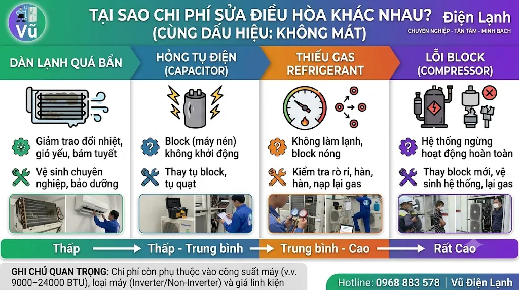 Bảng đồ họa giải thích lý do chi phí sửa điều hòa khác nhau tùy thuộc vào nguyên nhân hư hỏng thực tế