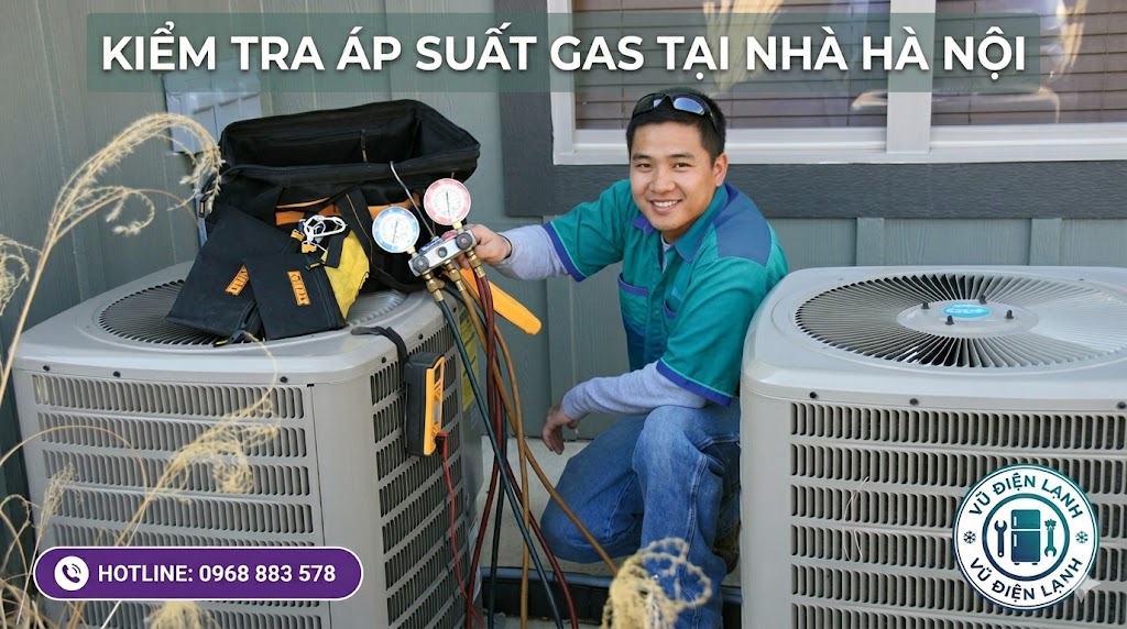 Thợ kỹ thuật Vũ Điện Lạnh đang sử dụng đồng hồ đo áp suất kiểm tra gas điều hòa Daikin Inverter tại Hà Nội