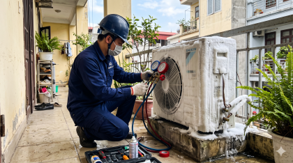 Kỹ thuật viên Vũ Điện Lạnh đang sử dụng đồng hồ đo áp suất chuyên dụng để kiểm tra tình trạng thiếu gas và rò rỉ trên cục nóng điều hòa bám đầy tuyết trắng tại nhà khách hàng