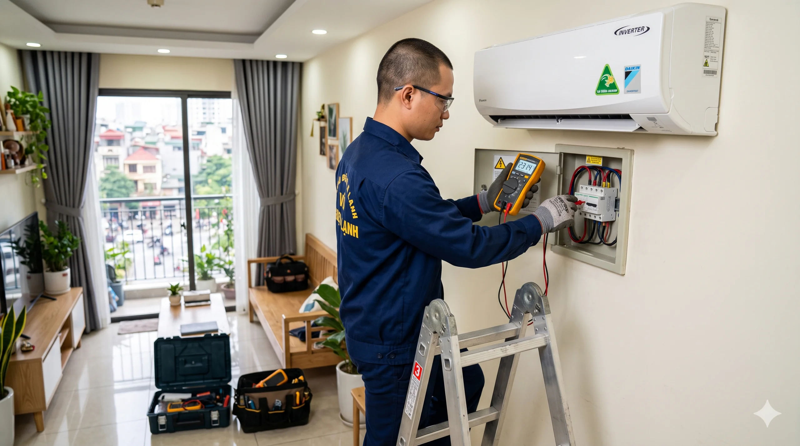 Kỹ thuật viên Vũ Điện Lạnh đang sử dụng đồng hồ vạn năng để đo kiểm điện áp nguồn cấp và aptomat của điều hòa Inverter tại nhà khách hàng ở Hà Nội