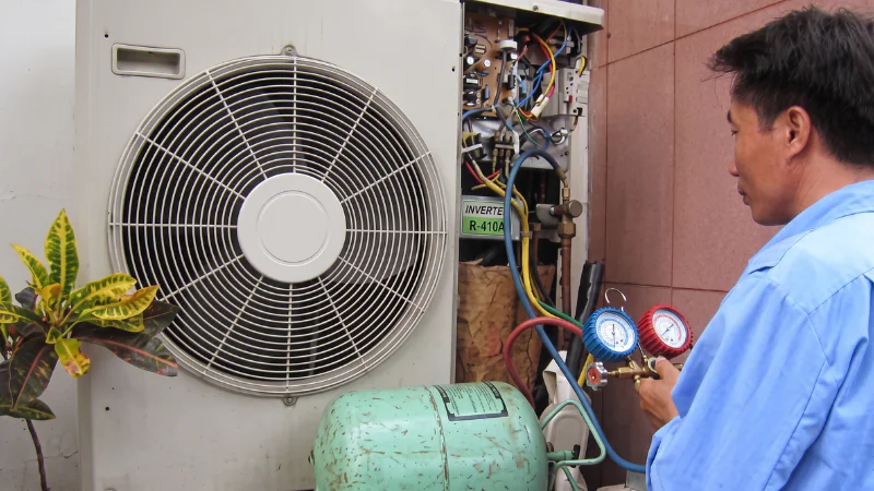 Kỹ thuật viên Vũ Điện Lạnh đang sử dụng đồng hồ đo áp suất gas chuyên dụng để kiểm tra tình trạng thiếu gas và rò rỉ trên dàn nóng điều hòa Inverter tại nhà khách hàng