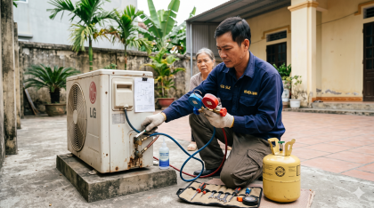 Kỹ thuật viên Vũ Điện Lạnh đang sử dụng đồng hồ đo áp suất gas chuyên dụng để kiểm tra tình trạng thiếu gas và rò rỉ trên cục nóng điều hòa tại nhà khách hàng