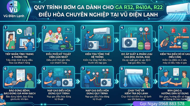 Sơ đồ quy trình 9 bước nạp gas điều hòa chuẩn kỹ thuật của Vũ Điện Lạnh: Đo áp suất gas thực tế, kiểm tra điểm rò rỉ ống đồng trước khi bơm gas R32 R410A R22