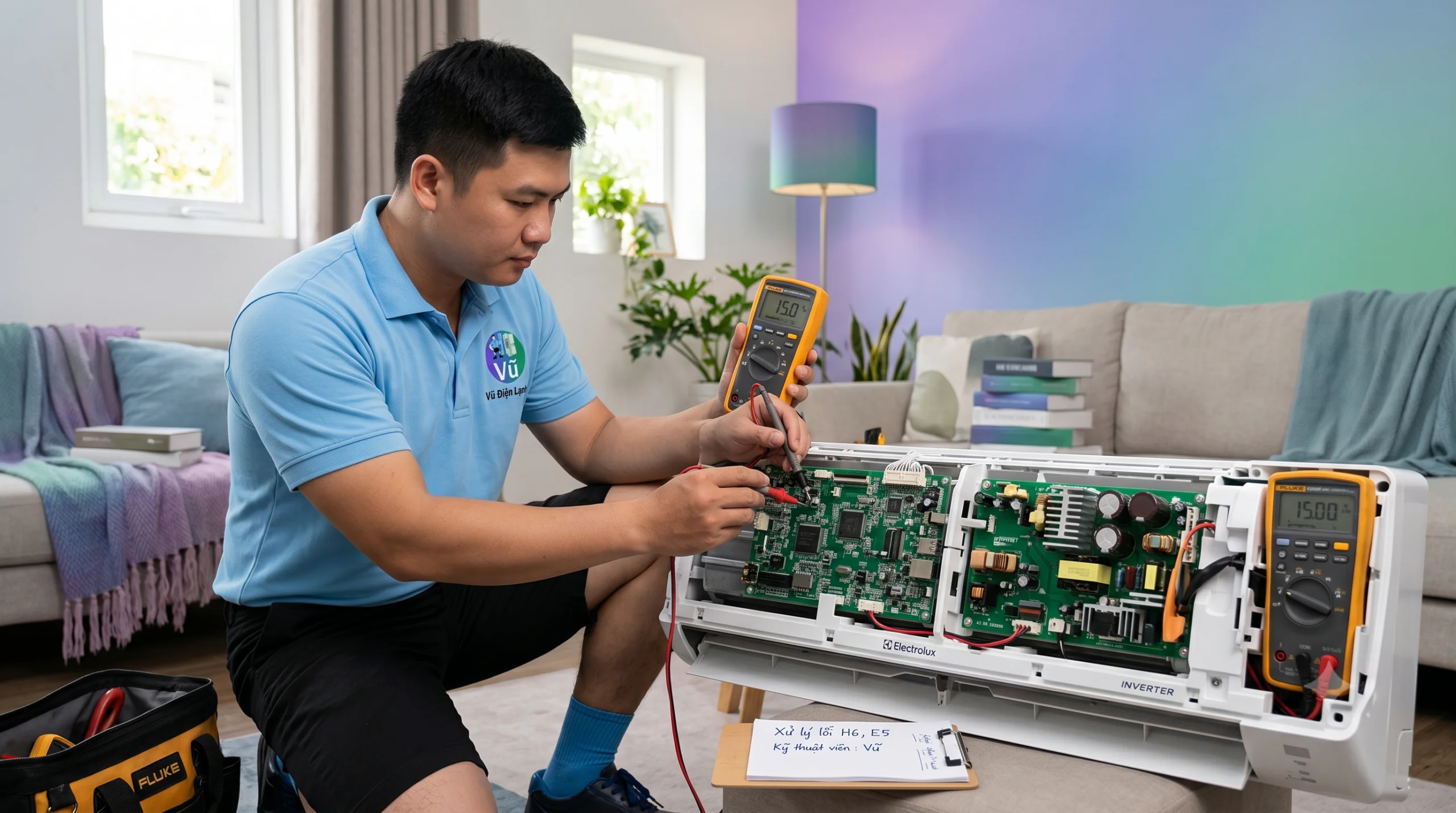 Kỹ thuật viên Vũ Điện Lạnh đang sử dụng đồng hồ vạn năng đo kiểm bo mạch và mạch công suất để xử lý dứt điểm các mã lỗi H6, E5 trên điều hòa Electrolux Inverter tại nhà khách hàng