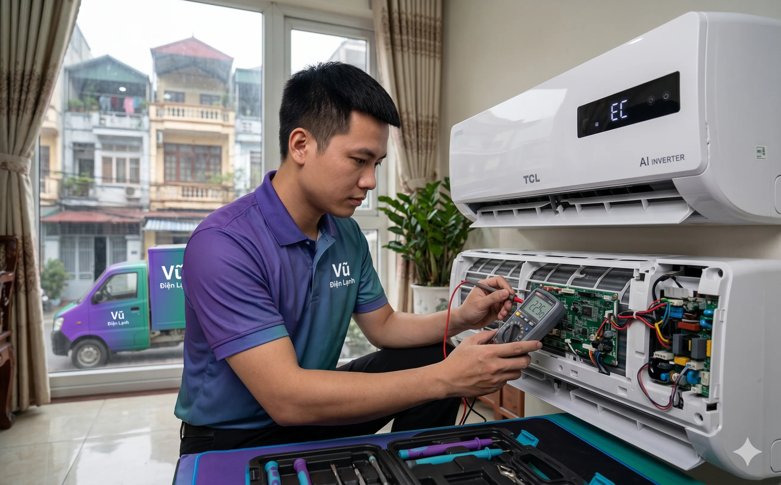 Kỹ thuật viên Vũ Điện Lạnh đang sử dụng đồng hồ đo điện vạn năng kiểm tra bo mạch và xử lý mã lỗi trên dòng điều hòa TCL AI Inverter tại nhà khách hàng ở Hà Nội