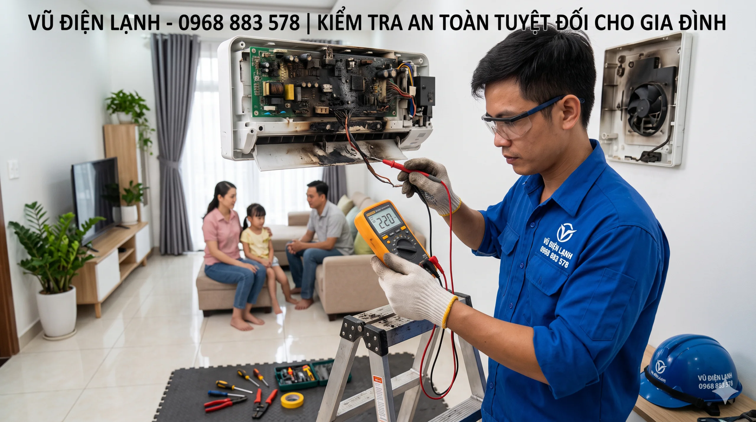 Kỹ thuật viên Vũ Điện Lạnh đang sử dụng đồng hồ vạn năng đo kiểm tra điện áp và bo mạch điều hòa bị chập cháy để đảm bảo an toàn tuyệt đối cho gia đình