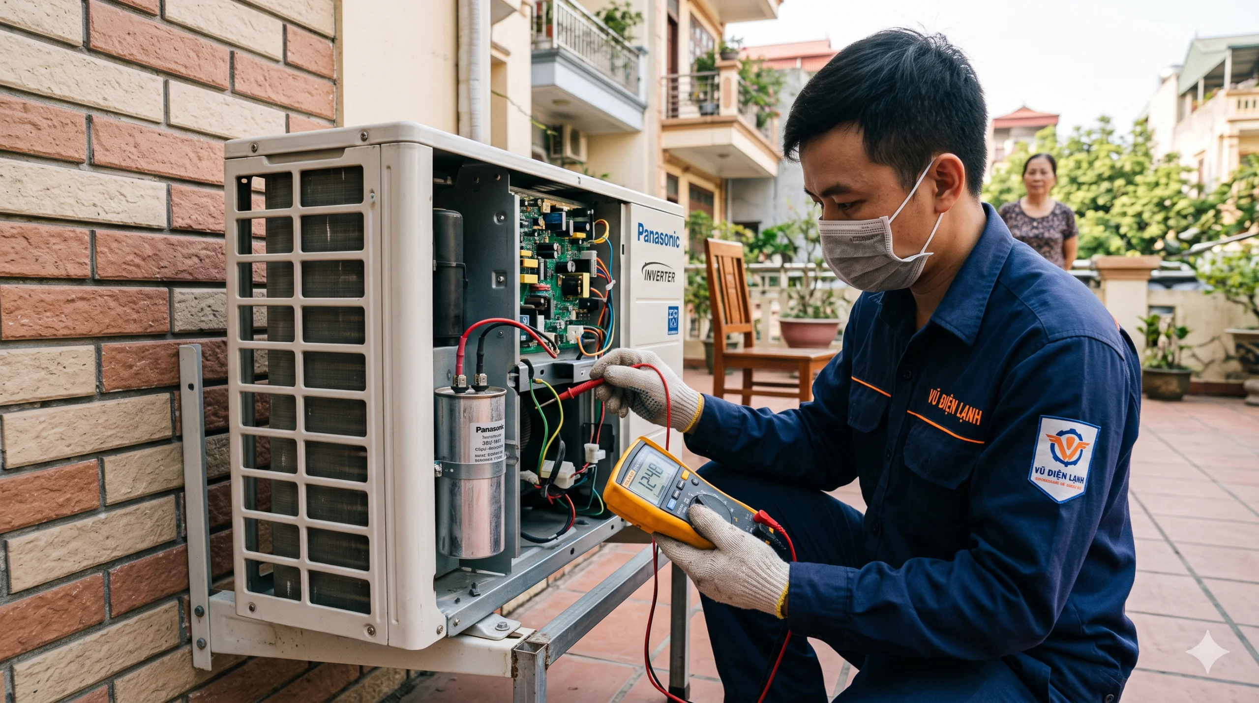 Kỹ thuật viên Vũ Điện Lạnh đang sử dụng đồng hồ vạn năng đo kiểm tra trị số tụ điện, cảm biến và bo mạch trên cục nóng điều hòa tại nhà khách hàng ở Hà Nội