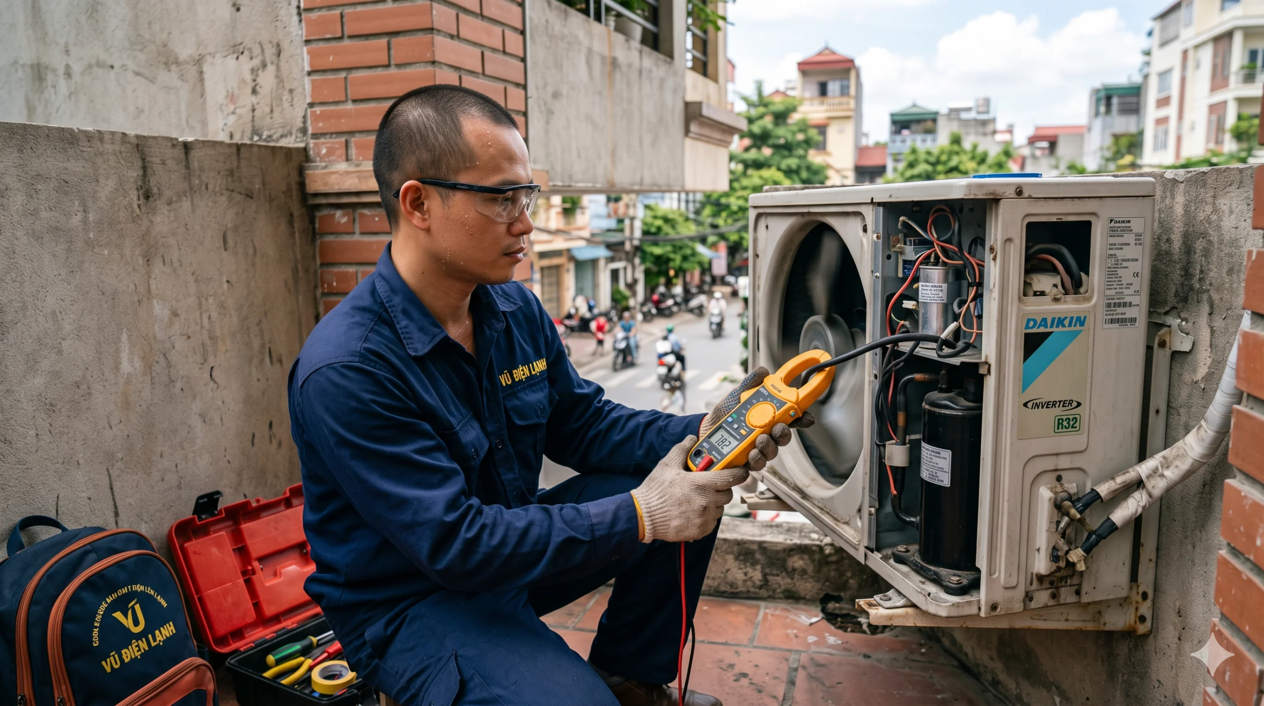 Kỹ thuật viên Vũ Điện Lạnh đang sử dụng ampe kìm để đo dòng điện tải của cục nóng nhằm xác định nguyên nhân điều hòa Inverter tiêu thụ điện cao bất thường
