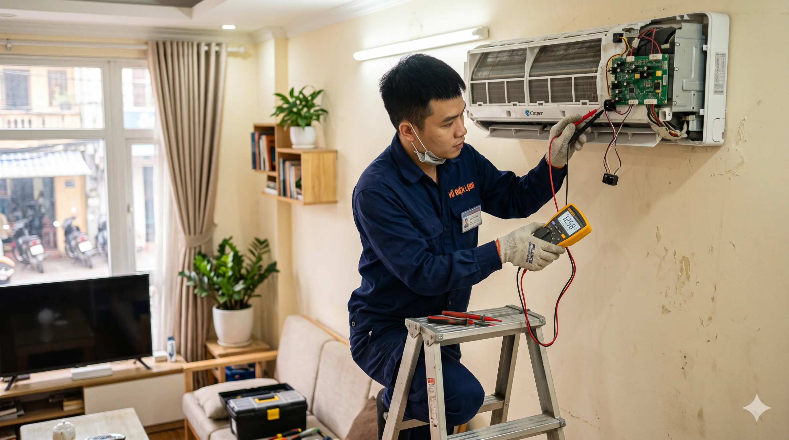 Kỹ thuật viên Vũ Điện Lạnh dùng đồng hồ đo điện kiểm tra lỗi bo mạch và mắt nhận tín hiệu khiến điều hòa Casper không nhận điều khiển tại Hà Nội