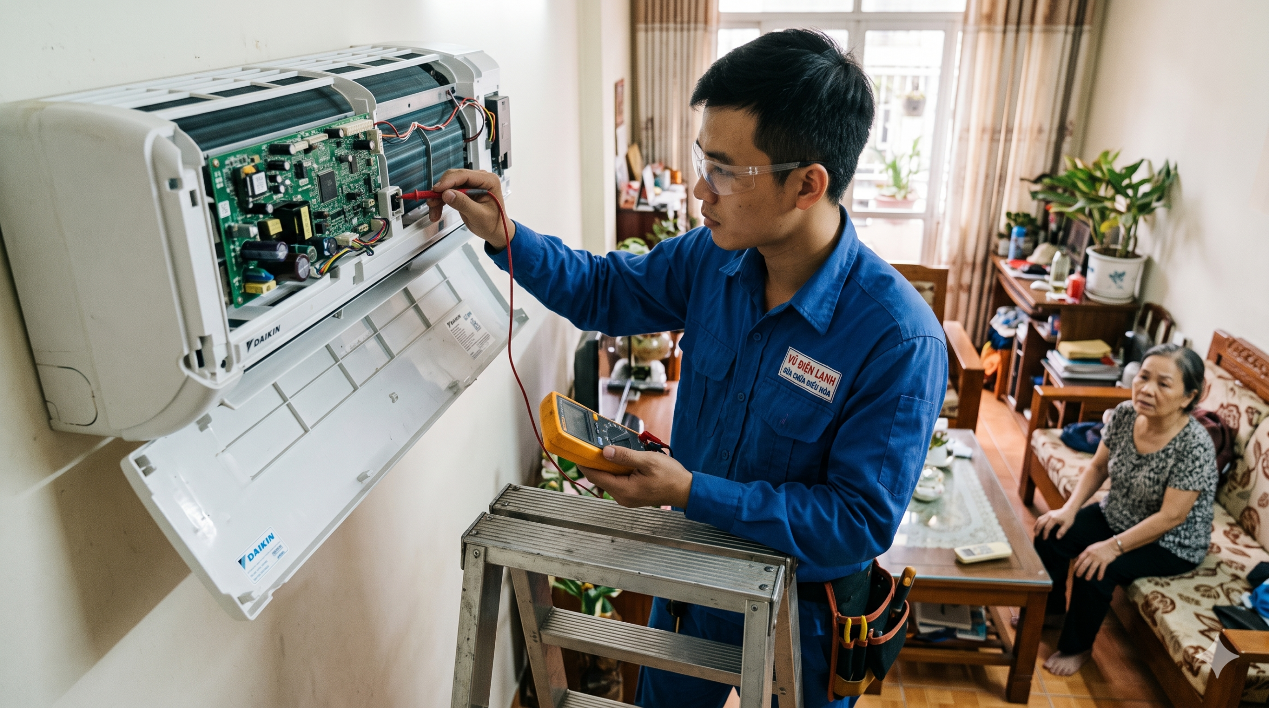 Kỹ thuật viên Vũ Điện Lạnh đang dùng đồng hồ vạn năng kiểm tra bo mạch và mắt nhận tín hiệu khi điều hòa Daikin không nhận điều khiển tại nhà khách hàng