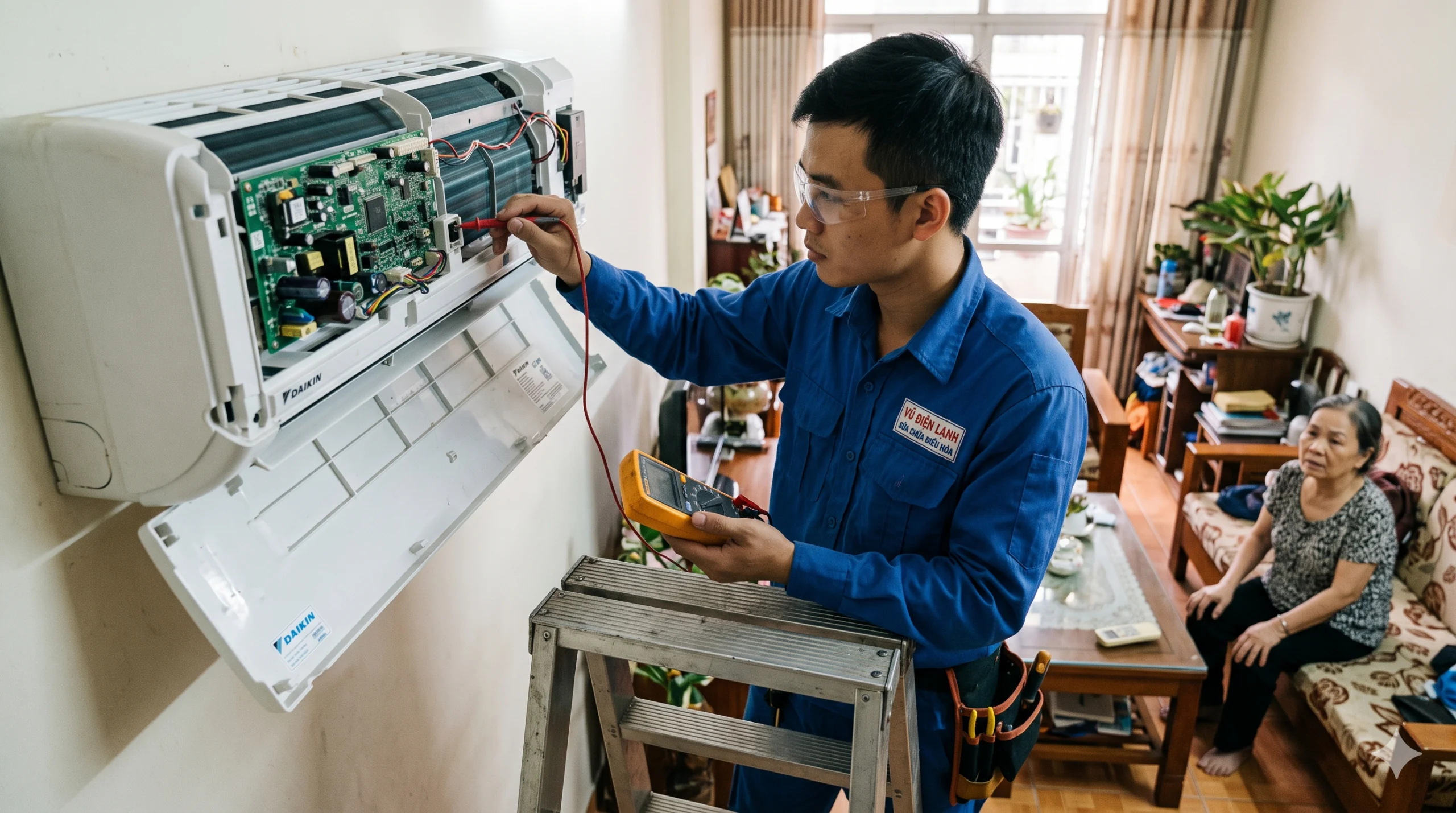 Kỹ thuật viên Vũ Điện Lạnh đang dùng đồng hồ vạn năng kiểm tra bo mạch và mắt nhận tín hiệu khi điều hòa Daikin không nhận điều khiển tại nhà khách hàng