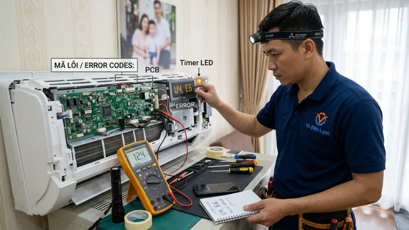 Kỹ thuật viên Vũ Điện Lạnh đang đếm nhịp nháy đèn Timer và dùng đồng hồ đo kiểm bo mạch để xác định mã lỗi U4, E6 trên điều hòa Mitsubishi Inverter tại nhà khách hàng