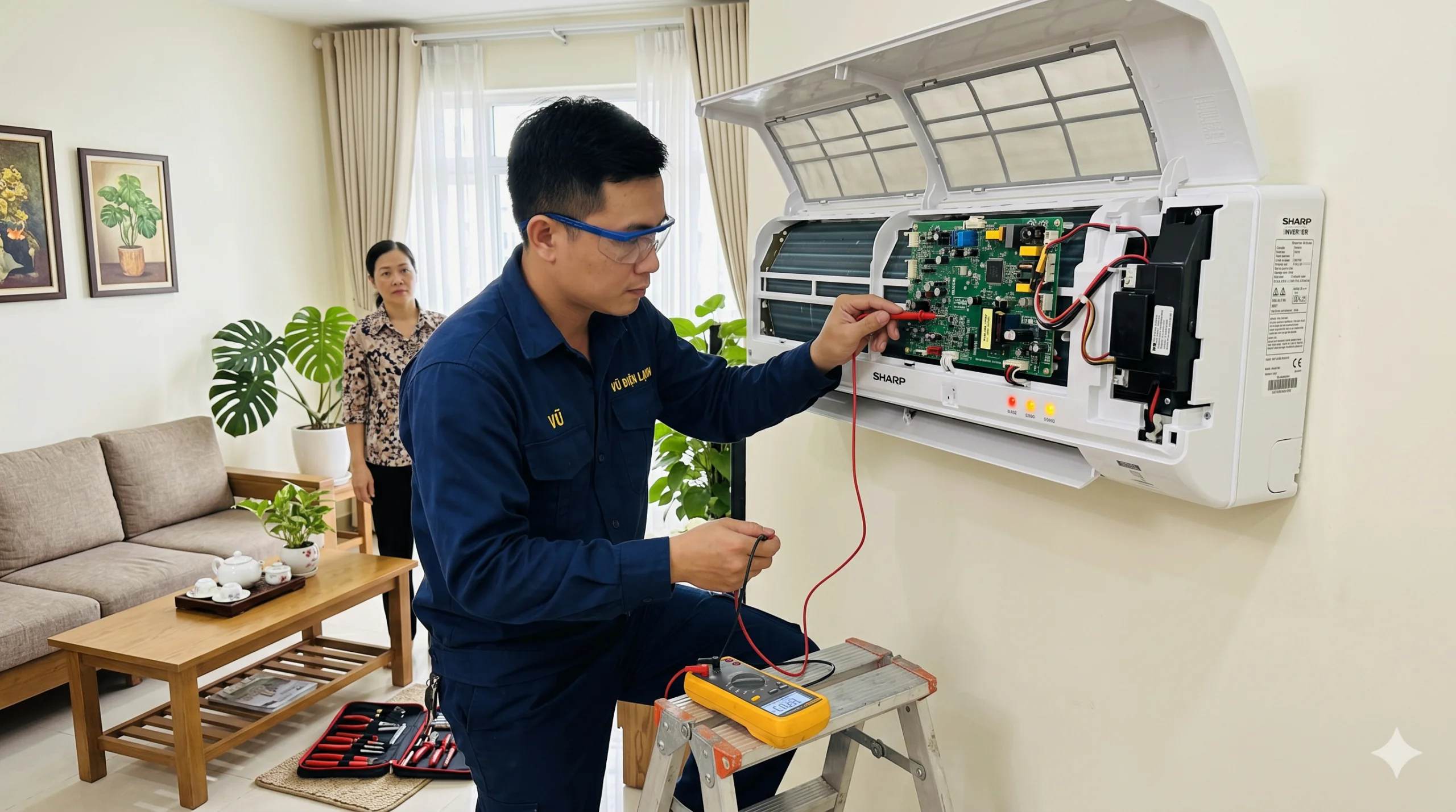 Kỹ thuật viên Vũ Điện Lạnh đang đo kiểm bo mạch và khắc phục lỗi nháy đèn đỏ, đèn vàng trên dàn lạnh điều hòa Sharp Inverter tại nhà khách hàng