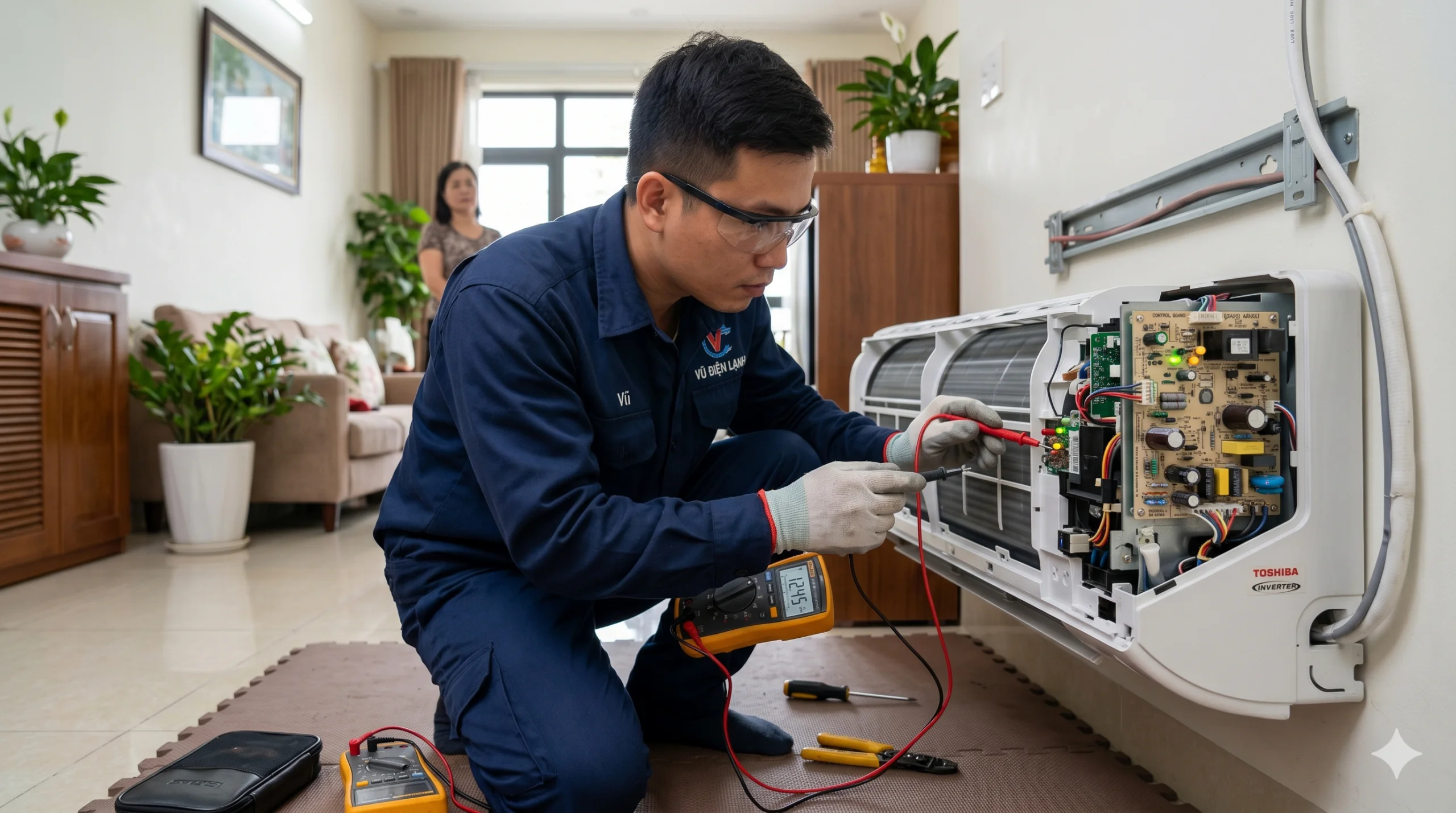 Kỹ thuật viên Vũ Điện Lạnh đang dùng đồng hồ vạn năng đo kiểm và khắc phục lỗi nháy đèn Operation, Timer trên bo mạch điều hòa Toshiba Inverter tại nhà khách hàng