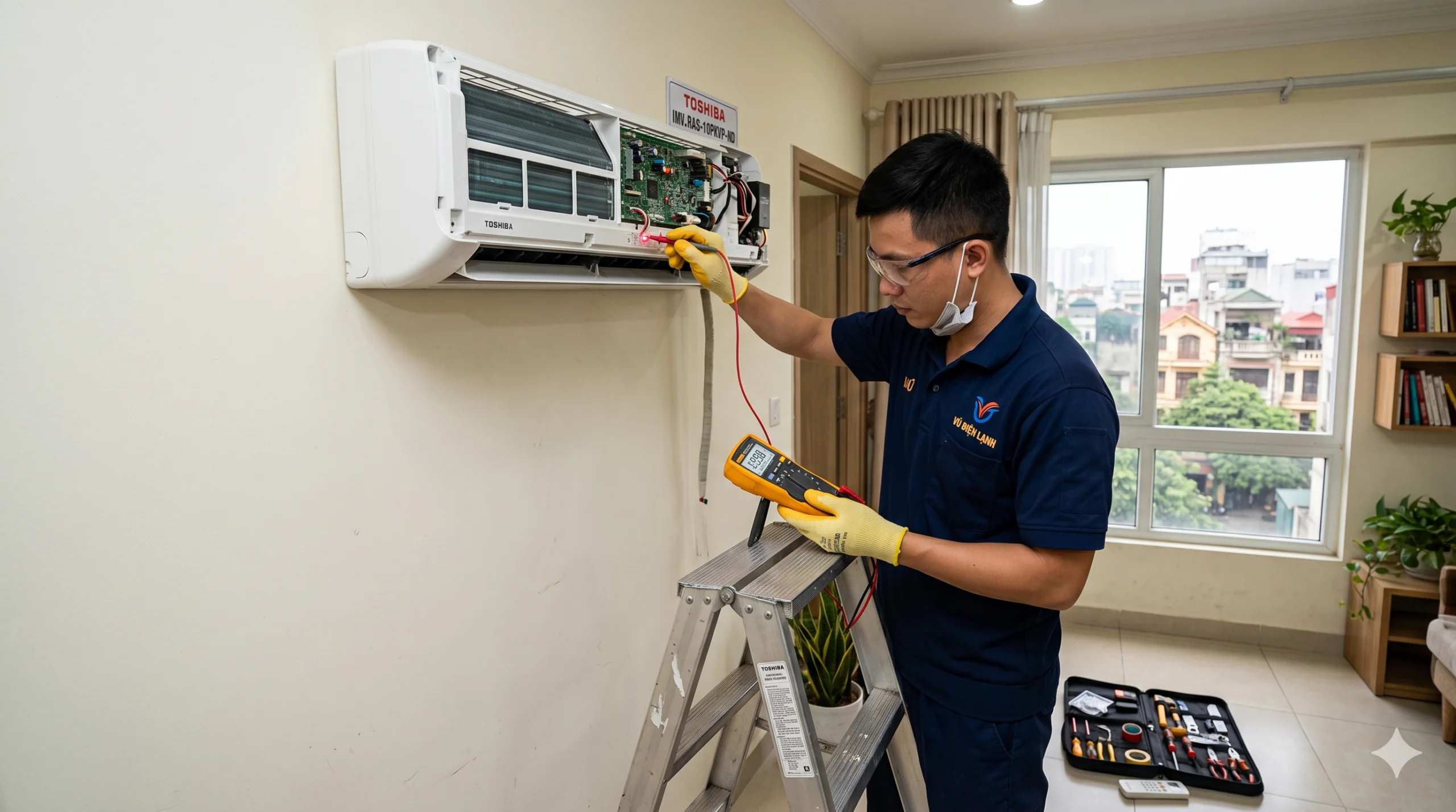 Kỹ thuật viên Vũ Điện Lạnh đang dùng đồng hồ vạn năng kiểm tra mắt nhận tín hiệu và khắc phục lỗi nháy đèn trên bo mạch dàn lạnh điều hòa Toshiba tại nhà khách hàng