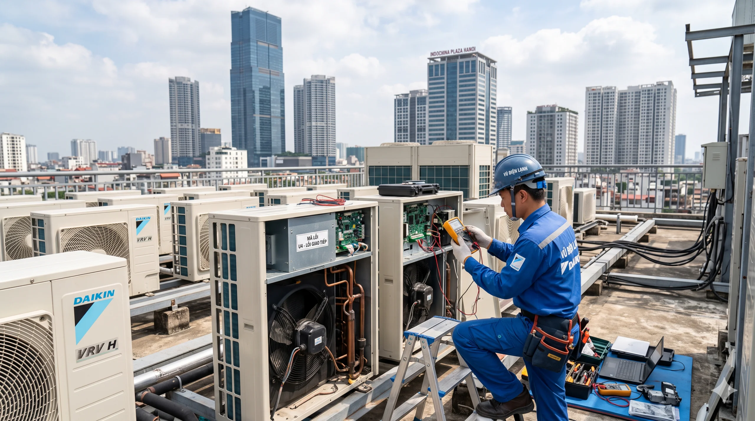 Kỹ thuật viên Vũ Điện Lạnh đang đo kiểm bo mạch dàn nóng và xử lý mã lỗi giao tiếp U4 trên hệ thống điều hòa trung tâm VRV Daikin tại tầng thượng tòa nhà văn phòng ở Cầu Giấy