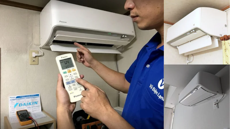 Kỹ thuật viên Vũ Điện Lạnh đang sử dụng điều khiển từ xa (remote) để truy xuất mã lỗi U4, E5 trên bo mạch điều hòa Daikin Inverter tại nhà khách hàng