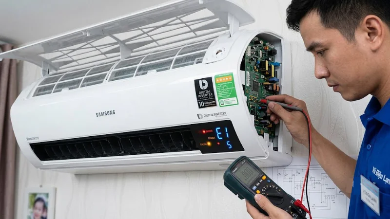 Kỹ thuật viên Vũ Điện Lạnh đang đo kiểm bo mạch và xử lý mã lỗi E1, E5 trên màn hình LED của dòng điều hòa Samsung Inverter báo lỗi nháy đèn tại nhà khách hàng