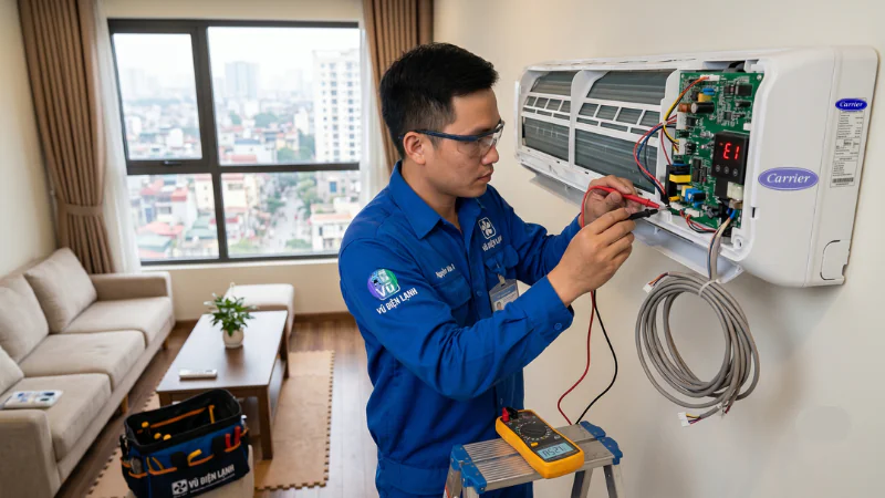 Kỹ thuật viên Vũ Điện Lạnh đang sử dụng đồng hồ vạn năng đo kiểm dây tín hiệu và bo mạch để xử lý dứt điểm mã lỗi E1 trên điều hòa Carrier tại nhà khách hàng ở Cầu Giấy
