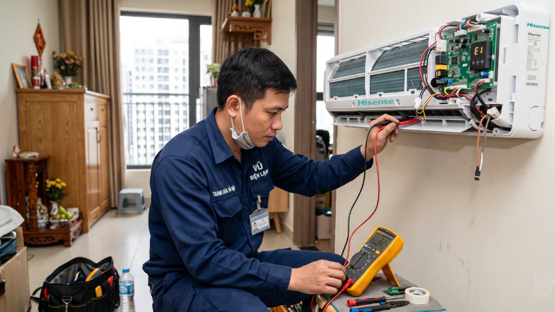 Kỹ thuật viên Vũ Điện Lạnh đang sử dụng đồng hồ vạn năng đo kiểm cảm biến và bo mạch để xử lý dứt điểm mã lỗi E1 trên điều hòa Hisense tại nhà khách hàng ở Thanh Xuân