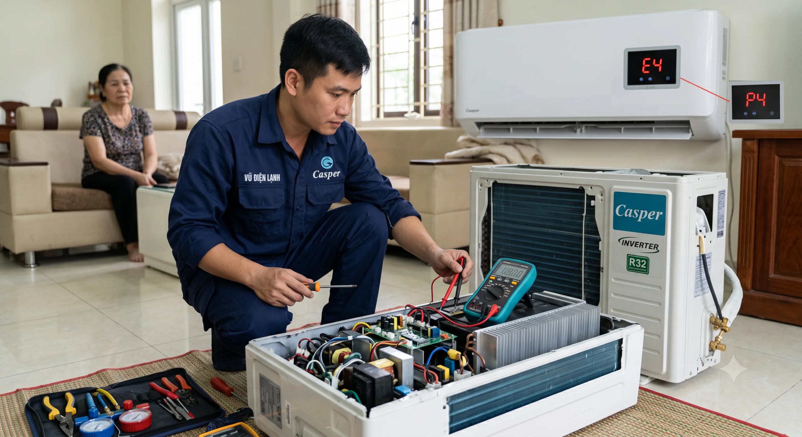 Kỹ thuật viên Vũ Điện Lạnh đang dùng đồng hồ vạn năng đo kiểm trị số cảm biến và tín hiệu kết nối để khắc phục lỗi E4, P4 trên bo mạch điều hòa Casper Inverter tại nhà khách hàng