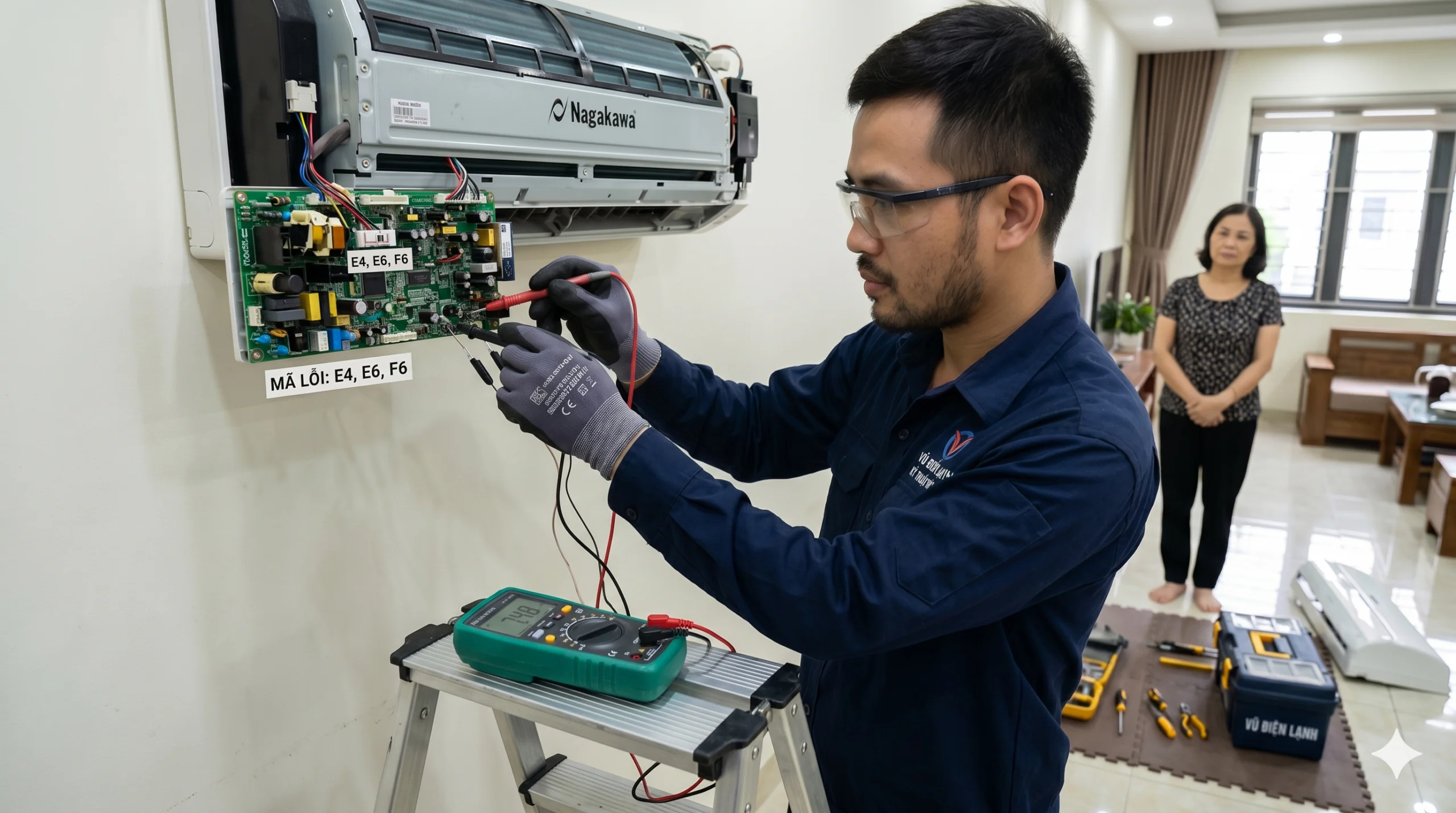 Kỹ thuật viên Vũ Điện Lạnh đang sử dụng đồng hồ vạn năng đo kiểm bo mạch và cảm biến để xử lý dứt điểm các mã lỗi E4, E6, F6 trên điều hòa Nagakawa tại nhà khách hàn