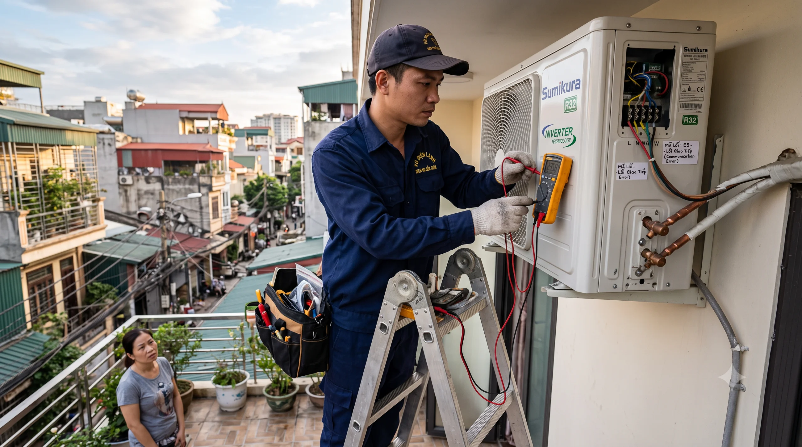 Kỹ thuật viên Vũ Điện Lạnh đang sử dụng đồng hồ vạn năng đo kiểm tín hiệu dàn nóng và khắc phục mã lỗi E5 trên điều hòa Sumikura Inverter tại nhà khách hàng ở Thanh Xuân