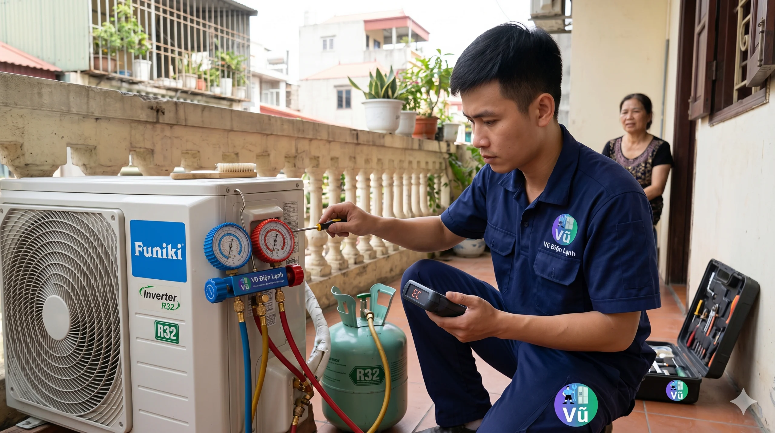 Kỹ thuật viên Vũ Điện Lạnh đang sử dụng đồng hồ đo áp suất và kiểm tra rò rỉ để xử lý dứt điểm mã lỗi EC (thiếu gas) trên điều hòa Funiki tại nhà khách hàng