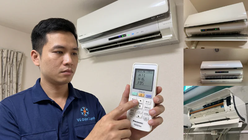Kỹ thuật viên Vũ Điện Lạnh đang sử dụng điều khiển từ xa (remote) check mã lỗi H11, H16, F95 trên dòng điều hòa Panasonic Inverter báo lỗi nháy đèn tại nhà khách hàng