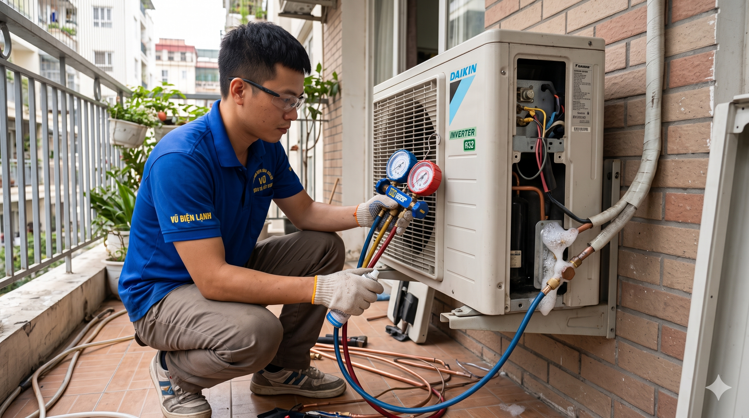 Kỹ thuật viên Vũ Điện Lạnh đang sử dụng đồng hồ đo áp suất chuyên dụng để kiểm tra lượng gas và tìm kiếm điểm rò rỉ tại đầu nối ống đồng cục nóng điều hòa