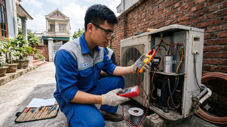 Kỹ thuật viên Vũ Điện Lạnh đang dùng ampe kìm và đồng hồ vạn năng đo dòng điện, kiểm tra tụ khởi động trực tiếp trên cục nóng điều hòa tại nhà khách hàng