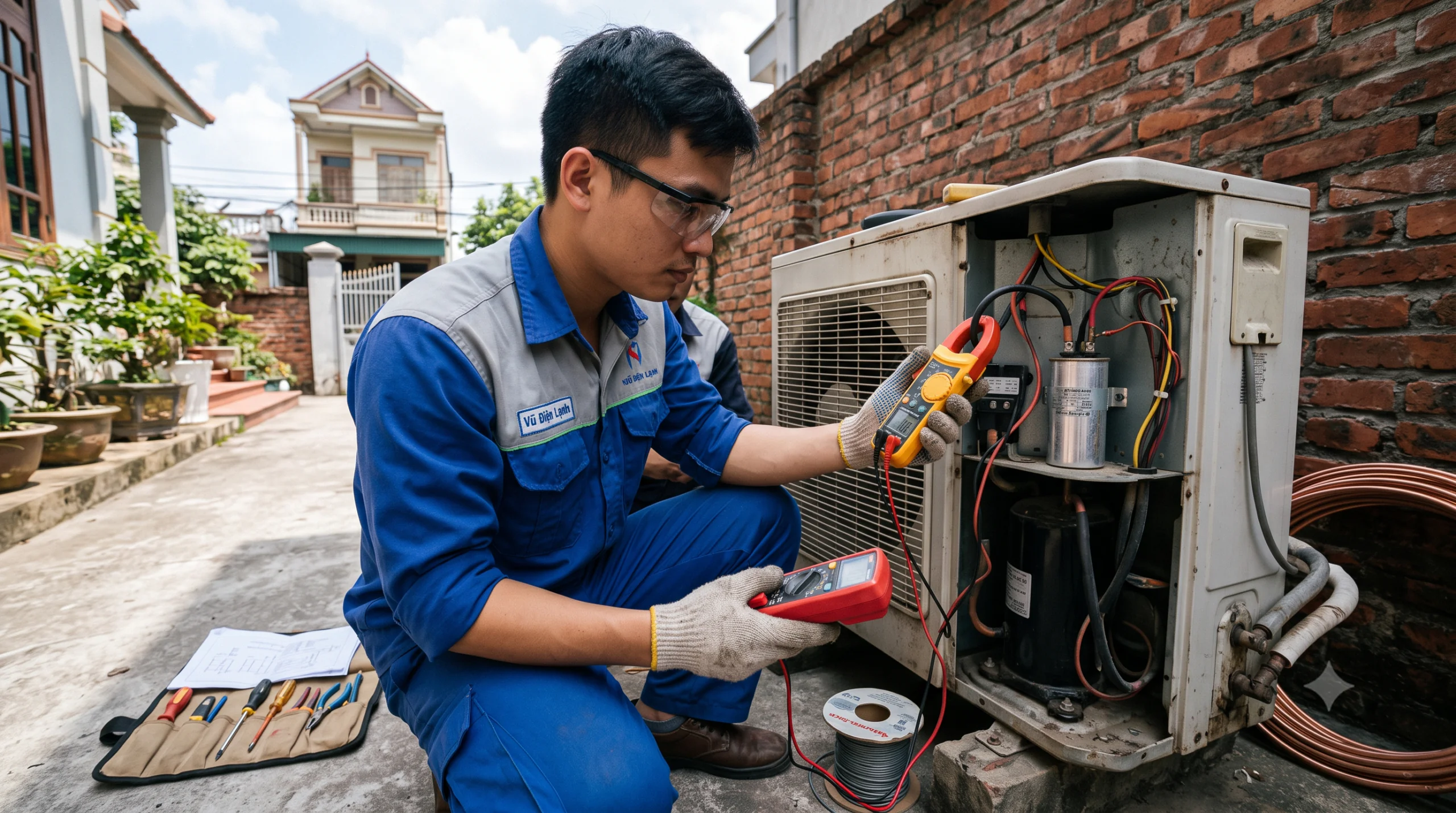 Kỹ thuật viên Vũ Điện Lạnh đang dùng ampe kìm và đồng hồ vạn năng đo dòng điện, kiểm tra tụ khởi động trực tiếp trên cục nóng điều hòa tại nhà khách hàng