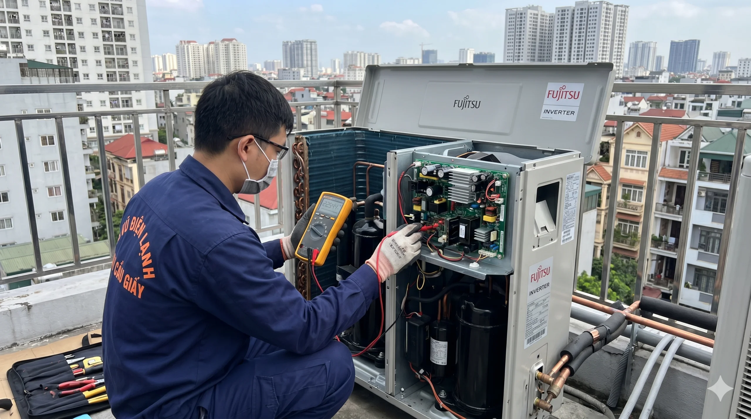 Kỹ thuật viên Vũ Điện Lạnh đang dùng đồng hồ vạn năng đo kiểm và khắc phục lỗi bo công suất dàn nóng điều hòa Fujitsu Inverter nháy đèn tại Cầu Giấy