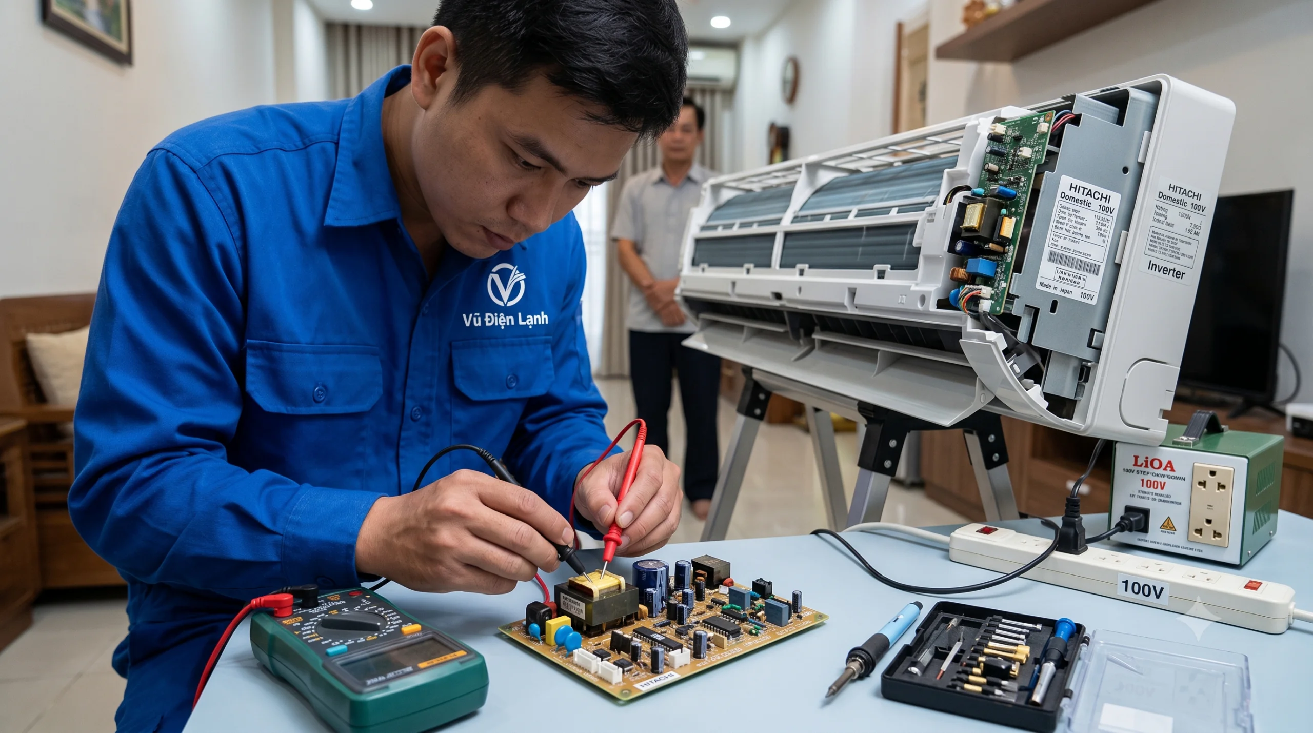 Kỹ thuật viên Vũ Điện Lạnh đang dùng đồng hồ vạn năng đo kiểm biến áp và xử lý lỗi bo mạch trên dòng điều hòa Hitachi Nội địa Nhật điện 100V Inverter tại nhà khách hàng
