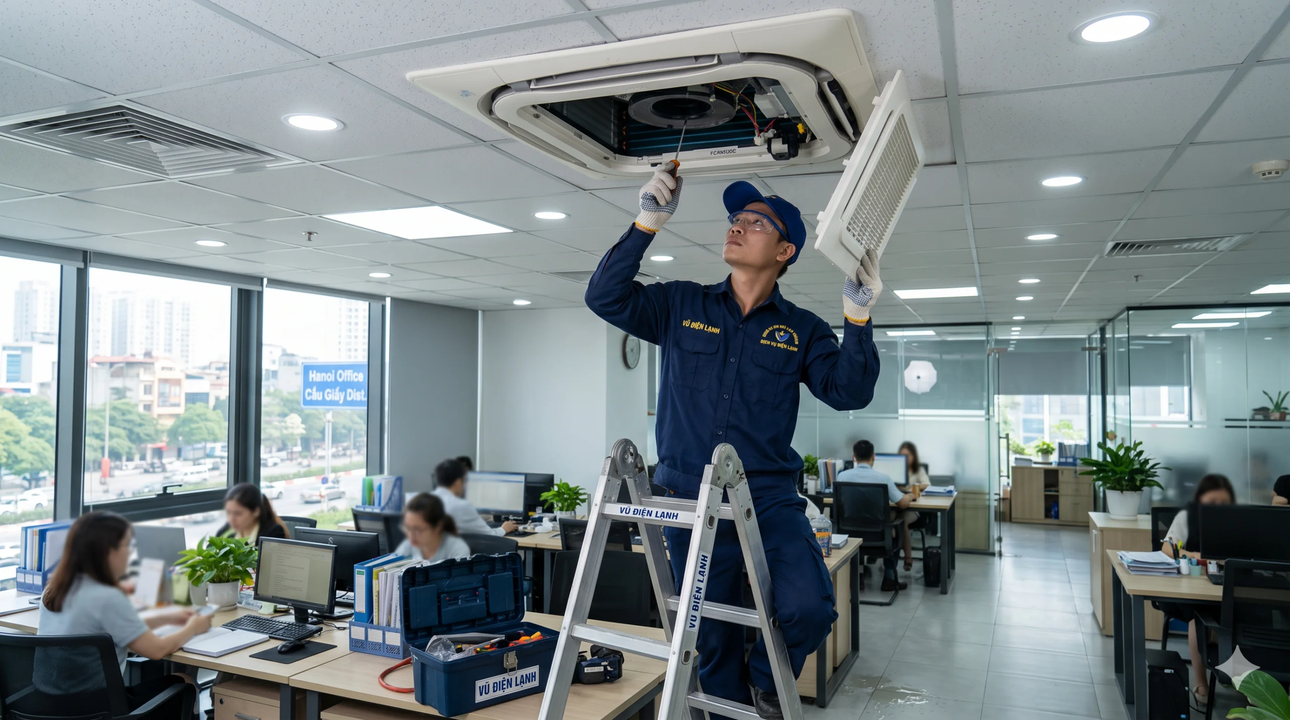 Kỹ thuật viên Vũ Điện Lạnh đang đứng thang nhôm tháo mặt nạ và kiểm tra lỗi hỏng bơm nước ngưng gây chảy nước trên dàn lạnh điều hòa âm trần Cassette tại văn phòng ở Cầu Giấy