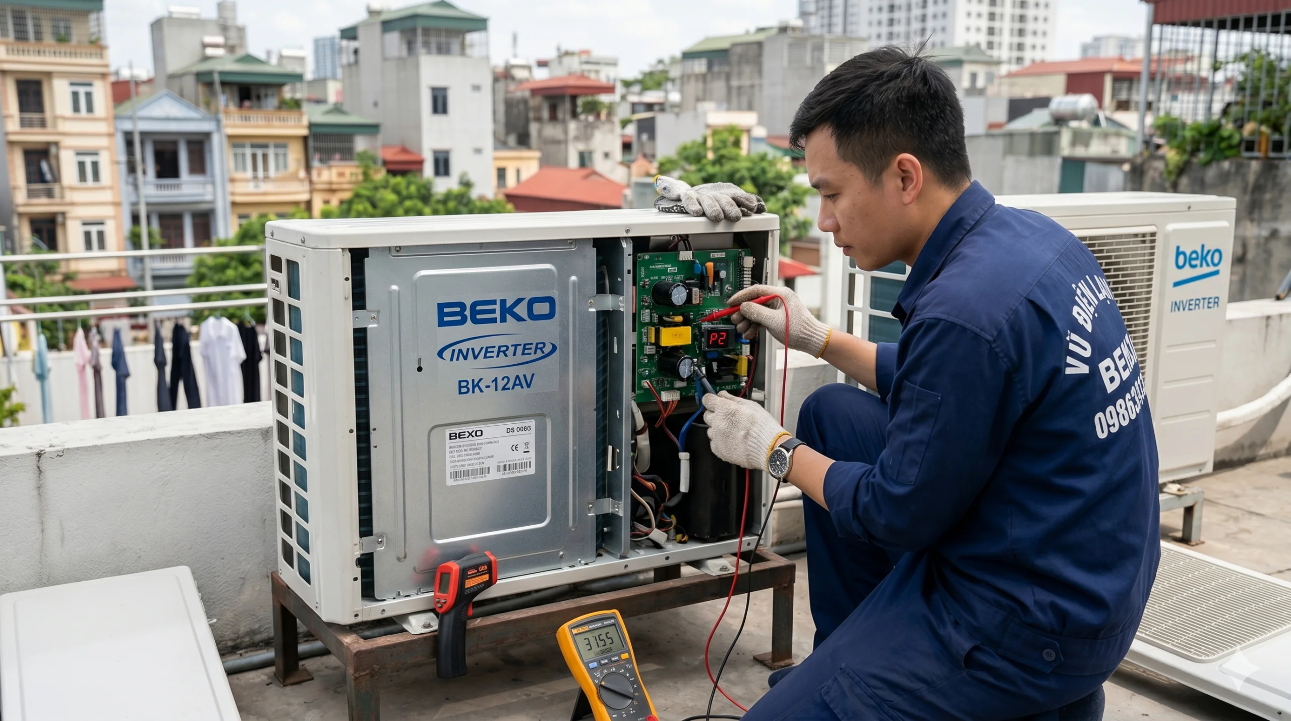 Kỹ thuật viên Vũ Điện Lạnh đang dùng đồng hồ vạn năng đo kiểm và khắc phục lỗi bo công suất P2 trên dàn nóng điều hòa Beko Inverter tại nhà khách hàng ở Hoàng Mai