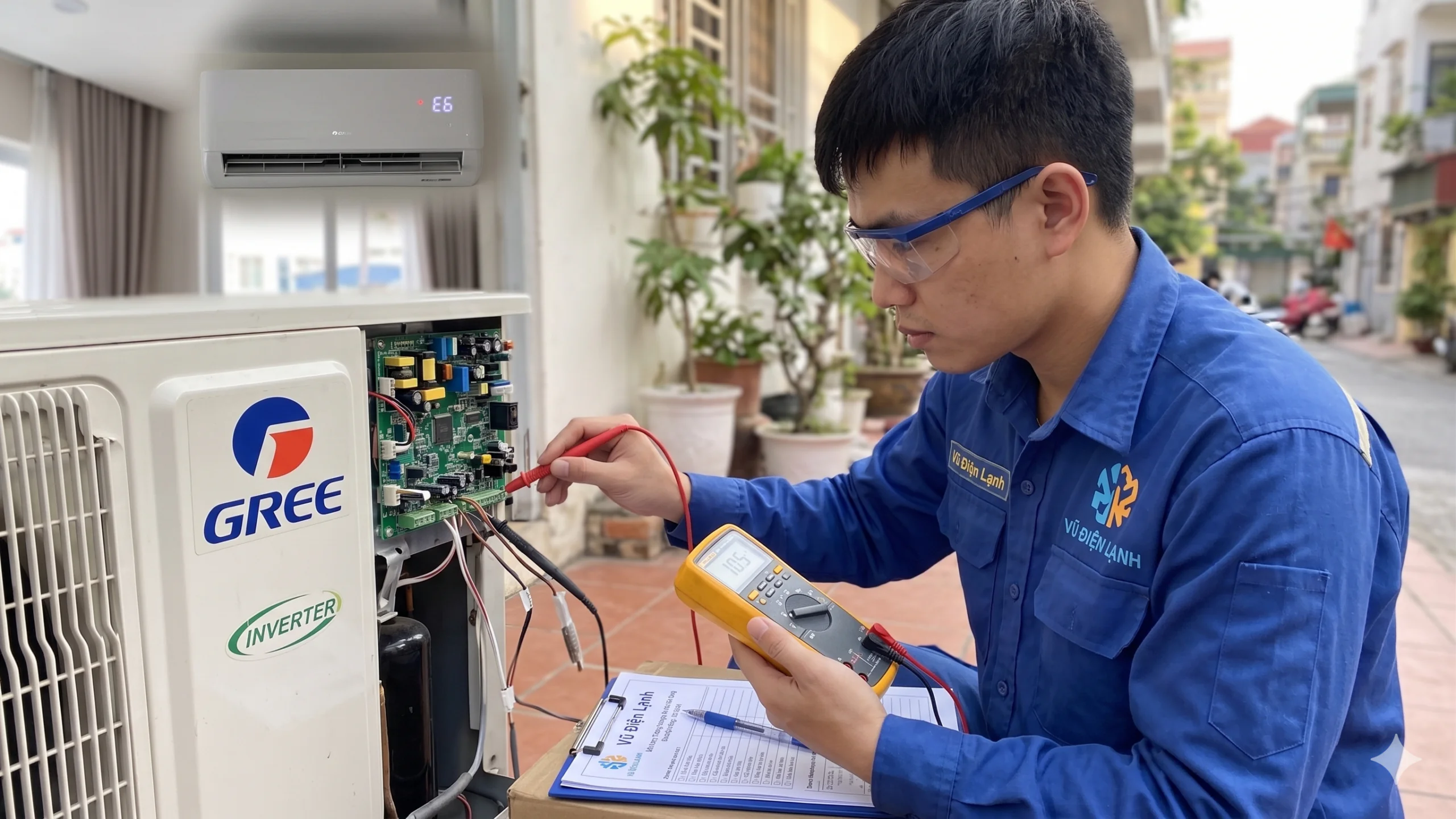 Kỹ thuật viên Vũ Điện Lạnh đang dùng đồng hồ vạn năng đo kiểm trị số cảm biến và tín hiệu kết nối để khắc phục lỗi E6 điều hòa Gree Inverter tại nhà khách hàng ở phường Quang Trung thị xã Sơn Tây