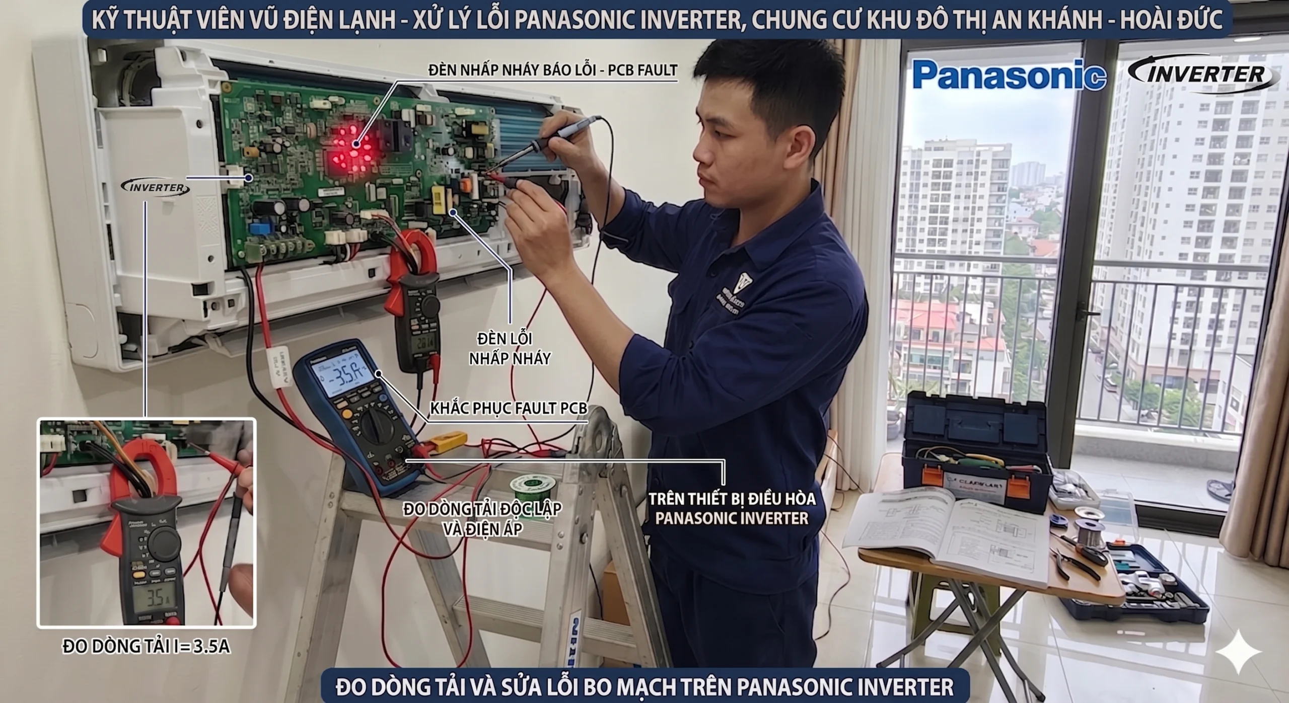 Kỹ thuật viên Vũ Điện Lạnh đang dùng đồng hồ vạn năng đo kiểm trị số cảm biến và khắc phục lỗi bo mạch điều hòa Daikin Inverter báo lỗi nháy đèn tại căn hộ ở khu vực An Khánh huyện Hoài Đức