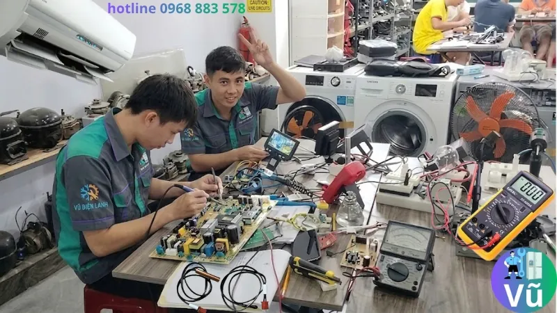 Kỹ thuật viên Vũ Điện Lạnh đang dùng đồng hồ vạn năng đo kiểm trị số cảm biến và khắc phục lỗi bo mạch điều hòa Panasonic Inverter báo lỗi tại khu đô thị Cổ Nhuế Bắc Từ Liêm