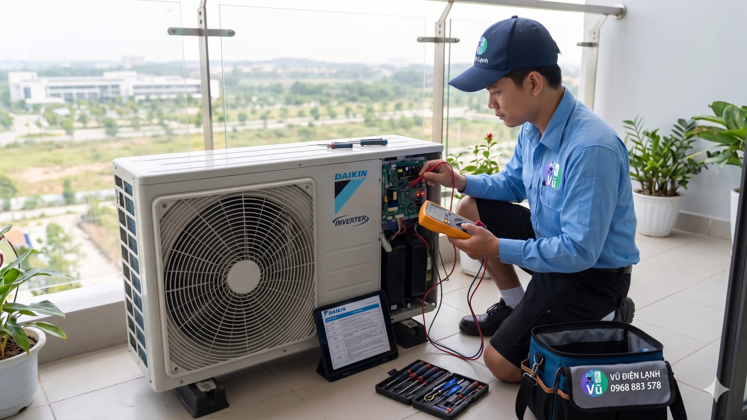 Kỹ thuật viên Vũ Điện Lạnh đang dùng đồng hồ vạn năng đo kiểm trị số cảm biến và khắc phục lỗi bo mạch điều hòa Daikin Inverter báo lỗi nháy đèn tại căn hộ ở khu vực Hòa Lạc huyện Thạch Thất
