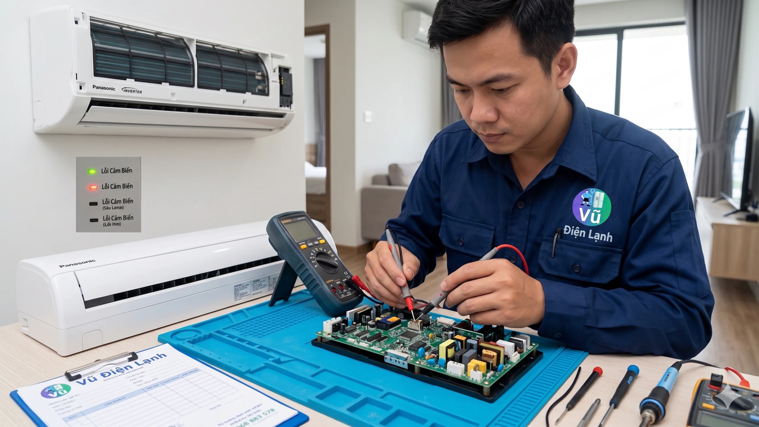 Kỹ thuật viên Vũ Điện Lạnh đang dùng đồng hồ vạn năng đo kiểm trị số cảm biến và khắc phục lỗi bo mạch điều hòa Panasonic Inverter báo lỗi nháy đèn tại căn hộ ở khu vực Liên Hà huyện Đan Phượng