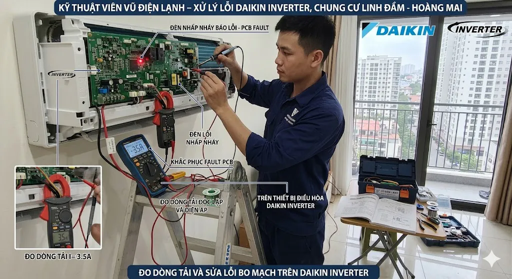 Kỹ thuật viên Vũ Điện Lạnh đo dòng tải và sửa lỗi bo mạch điều hòa Daikin Inverter nhấp nháy đèn tại căn hộ chung cư khu đô thị Linh Đàm Hoàng Mai