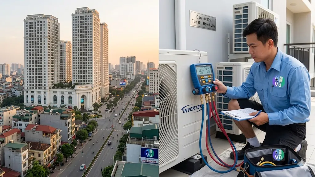 Kỹ thuật viên Vũ Điện Lạnh đang đo áp suất gas điều hòa Inverter tại nhà khách hàng khu vực Nguyễn Trãi, Thanh Xuân