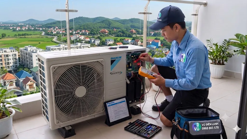 Kỹ thuật viên Vũ Điện Lạnh đang dùng đồng hồ vạn năng đo kiểm trị số cảm biến và khắc phục lỗi bo mạch điều hòa Daikin Inverter báo lỗi nháy đèn tại căn hộ ở khu vực Phú Cát huyện Quốc Oai