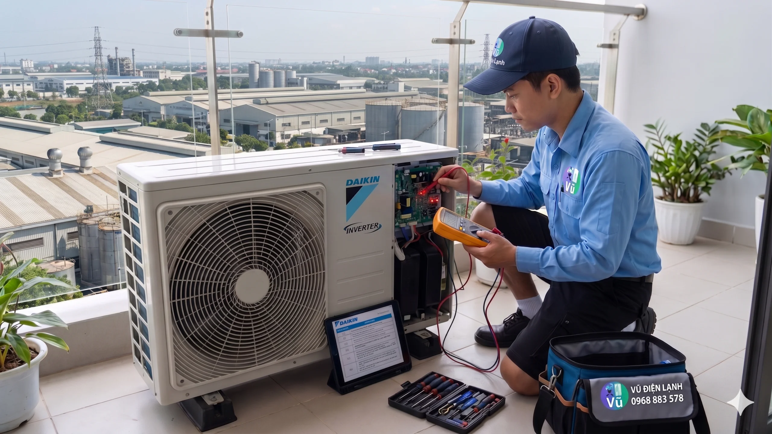Kỹ thuật viên Vũ Điện Lạnh đang dùng đồng hồ vạn năng đo kiểm trị số cảm biến và khắc phục lỗi bo mạch điều hòa Daikin Inverter báo lỗi nháy đèn tại căn hộ ở khu vực KCN Phú Nghĩa huyện Chương Mỹ