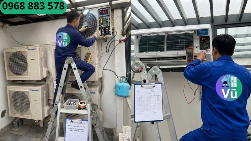 Kỹ thuật viên Vũ Điện Lạnh đang đo kiểm và khắc phục lỗi bo mạch điều hòa Daikin Inverter tại khu đô thị Trung Hòa Cầu Giấy