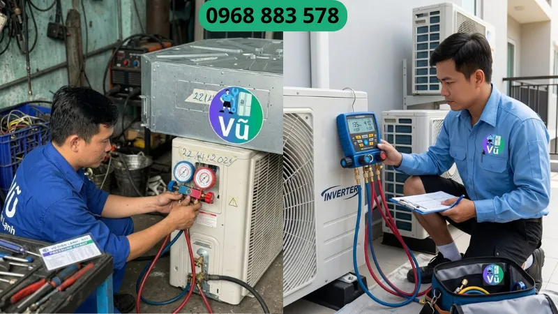 Kỹ thuật viên Vũ Điện Lạnh đang đo áp suất gas điều hòa Inverter tại căn hộ khu đô thị Văn Quán Hà Đông